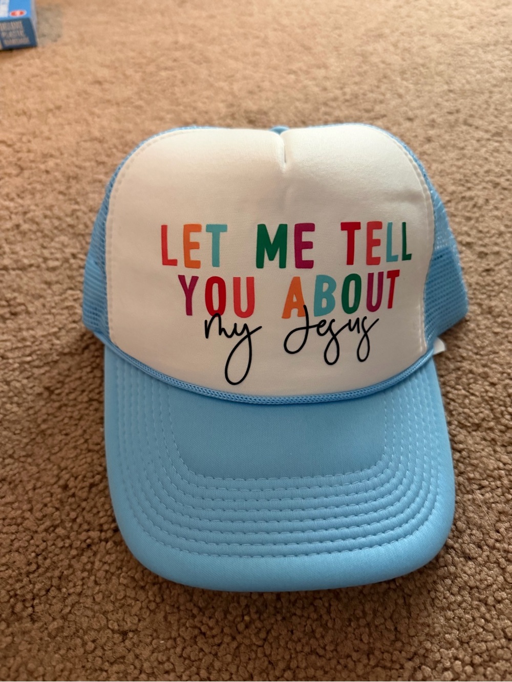 SHEIN Light Blue Trucker Hat with Multicolor Lettering